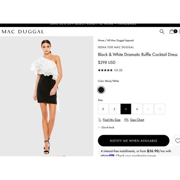 NEW $298 IEENA Mac Duggal [ 4 ] Dramatic Ruffle Cocktail Mini Dress Black‎ White - Picture 3 of 14